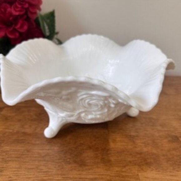 Vintage White Milk Glass Bowl Embossed Rose Floral Footed Dish Ruffled Edge - Picture 2 of 5